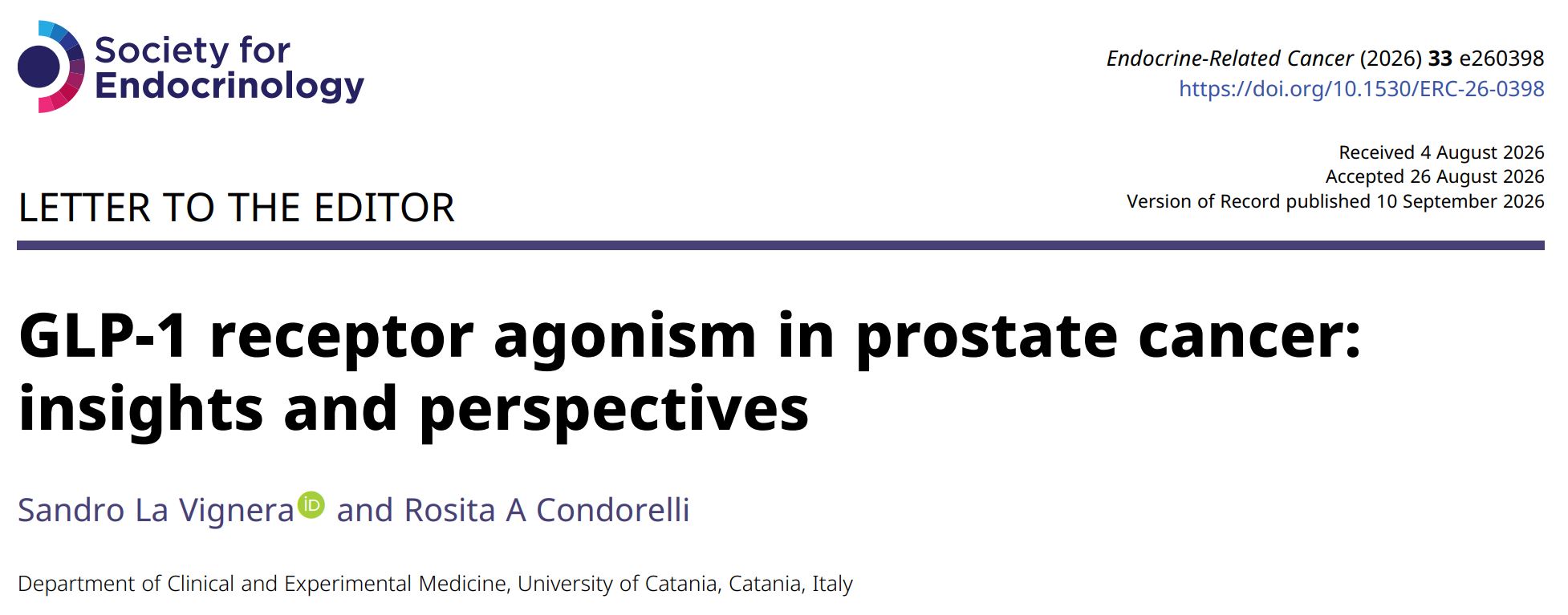 GLP-1 receptor agonism in prostate cancer: insights and perspectives Bioscientifica Ltd - Article - Sandro La Vignera - Rosita A. Condorelli